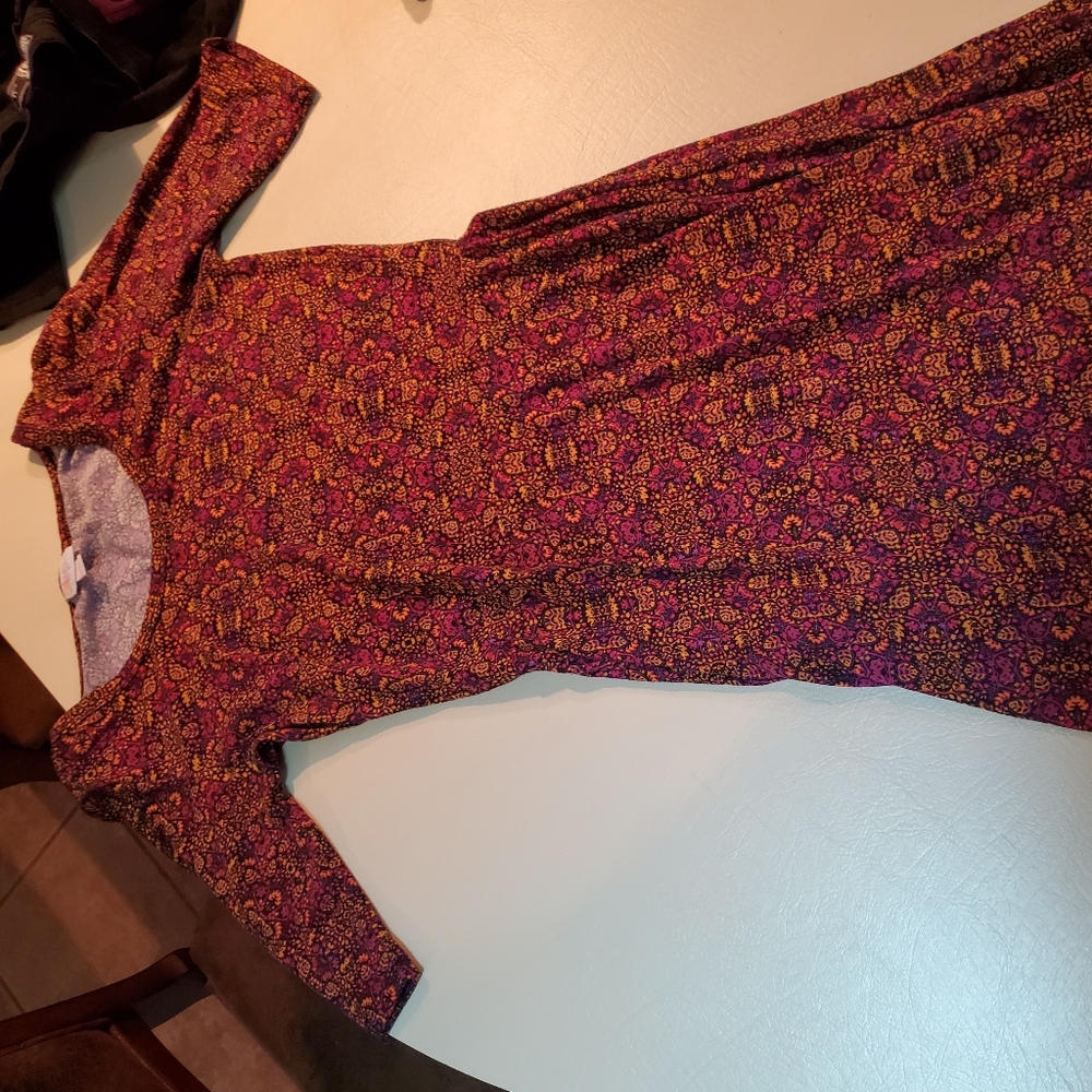Long orange, black,purple, and magenta dress